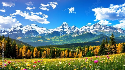 Obraz na płótnie A breathtaking alpine meadow bursting with vibrant wildflowers, surrounded by golden autumn trees and majestic snow-capped mountains under a brilliant blue sky. w salonie