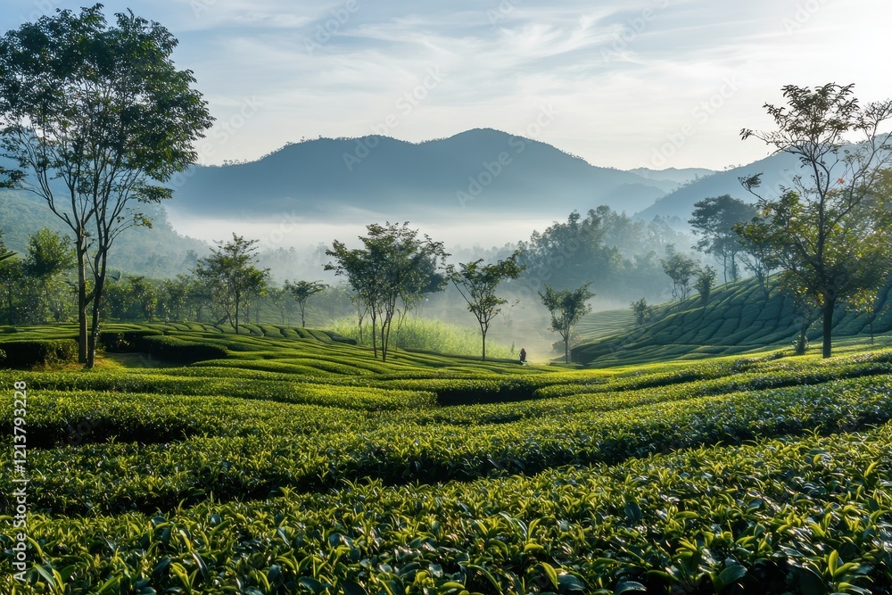 Sunrise over misty tea plantation, valley, mountains Sunrise over misty tea plantation, valley, mountains