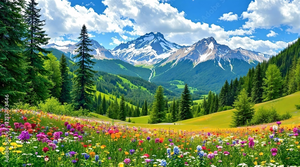 A vast and colorful alpine meadow stretches towards majestic snow-capped mountains, under a dynamic sky filled with fluffy clouds.