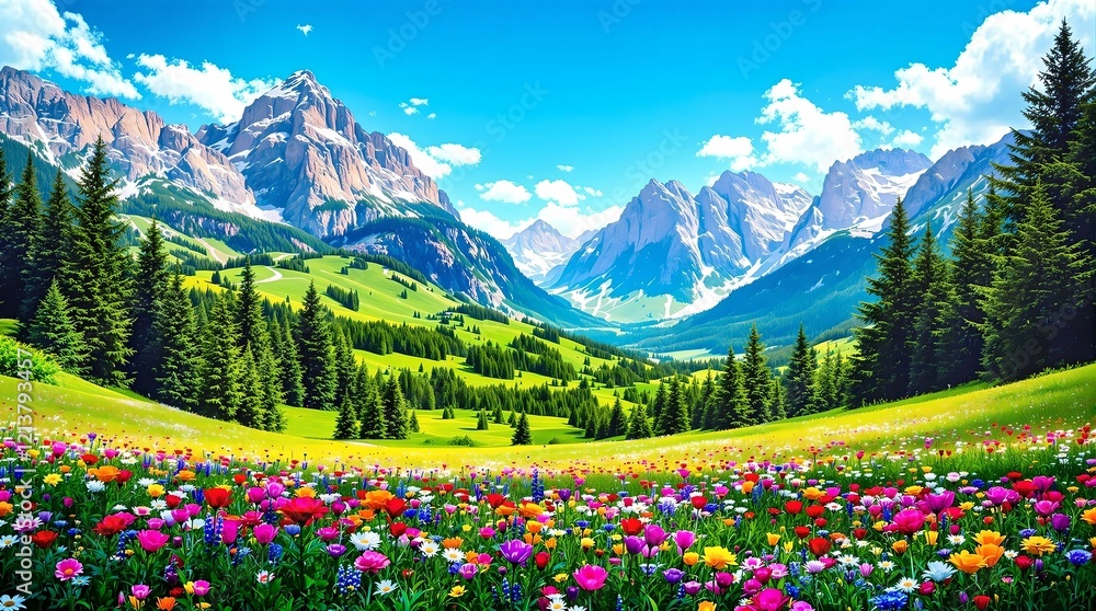 A picturesque alpine meadow brimming with colorful wildflowers, framed by lush evergreen trees and snow-capped mountain peaks under a radiant blue sky.