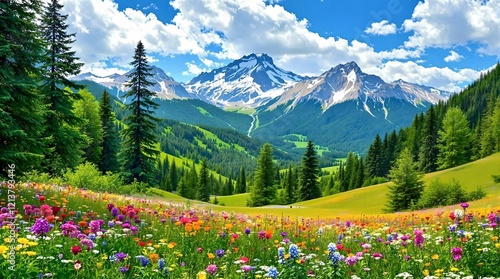 Obraz na płótnie A vast and colorful alpine meadow stretches towards majestic snow-capped mountains, under a dynamic sky filled with fluffy clouds. w salonie