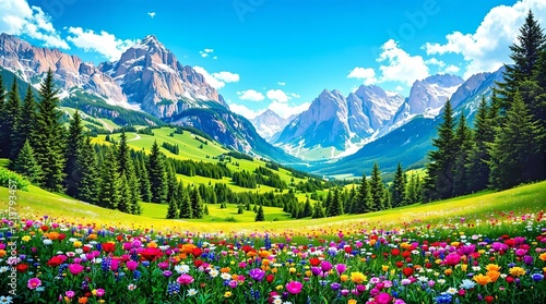 Obraz na płótnie A picturesque alpine meadow brimming with colorful wildflowers, framed by lush evergreen trees and snow-capped mountain peaks under a radiant blue sky. w salonie