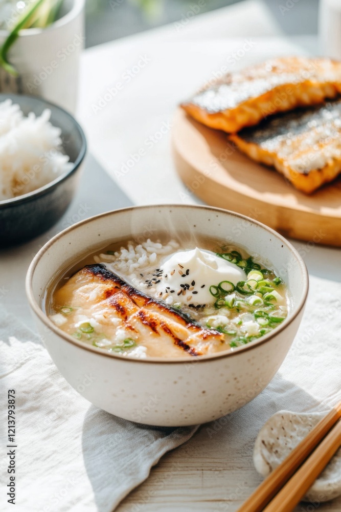 Delicate bowl of miso soup with grilled fish and rice in natural light Delicate bowl of miso soup with grilled fish and rice in natural light