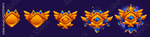 Game progress level badges with increasing complexity - basic shield shape evolving into ornate royal emblem with wings, gemstone crystals, ribbon and crown. Golden achievement icons sequence.