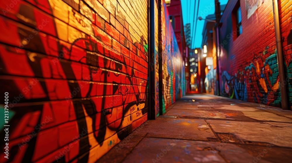 Fototapeta premium Vibrant Graffiti Art Illuminates Urban Alleyway at Dusk