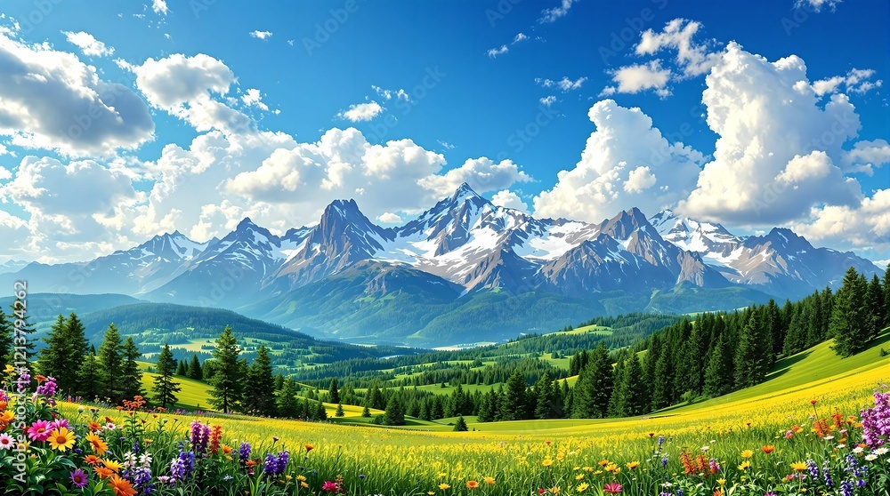 A vibrant alpine meadow in full bloom, framed by lush green forests and majestic snow-capped mountains under a sunny blue sky.