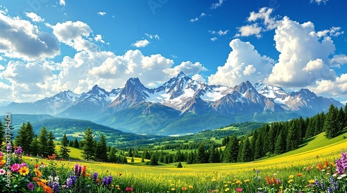 Obraz na płótnie A vibrant alpine meadow in full bloom, framed by lush green forests and majestic snow-capped mountains under a sunny blue sky. w salonie