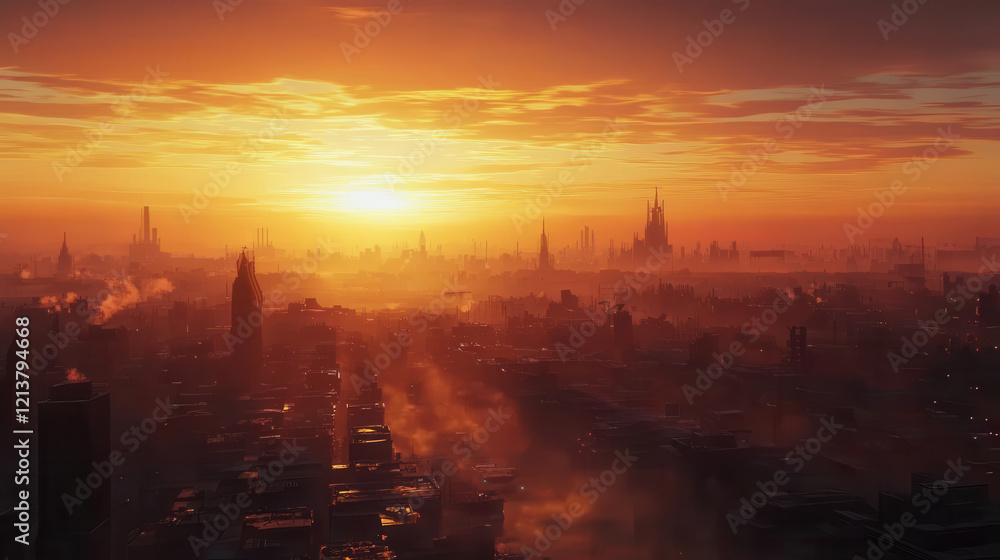 Fototapeta premium dystopian cityscape at sunset, with hazy orange sky and industrial silhouettes creating dramatic atmosphere