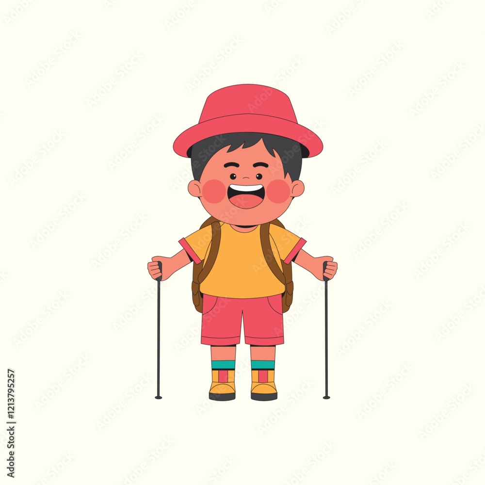 Cheerful boy ready for hiking adventure illustration Cheerful boy ready for hiking adventure illustration