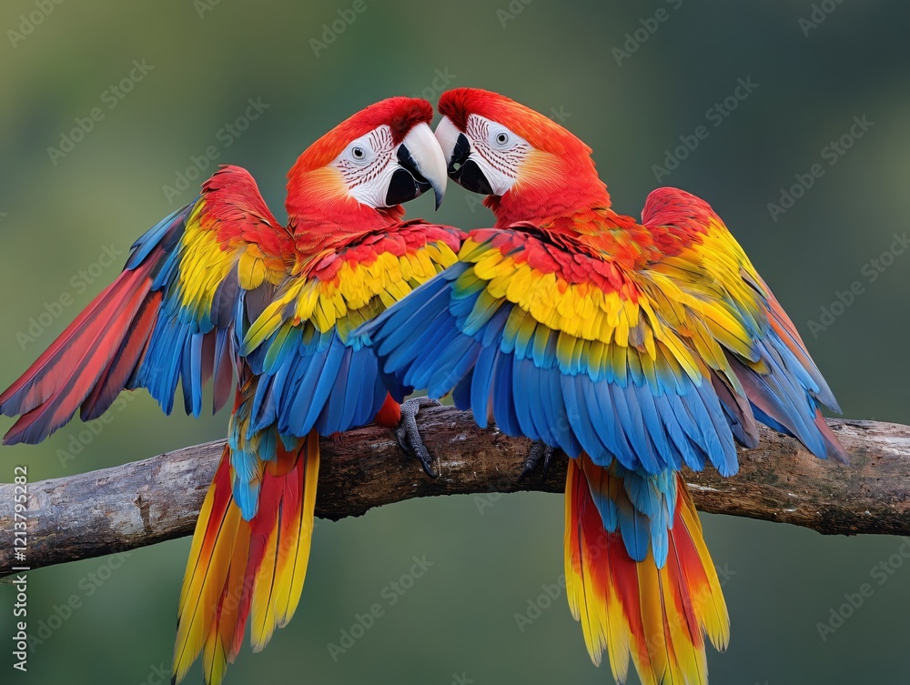 Naklejka premium Scarlet Macaws Affectionate Embrace Vibrant Tropical Birds Nature Wildlife Beauty