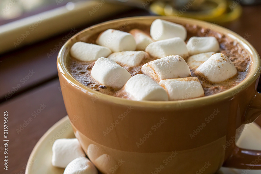 A hot chocolate cup topped with marshmallows A hot chocolate cup topped with marshmallows
