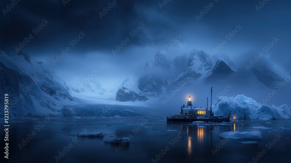 Fototapeta premium futuristic polar research station illuminated at night, surrounded by icy waters and towering glaciers under dramatic, cloudy sky