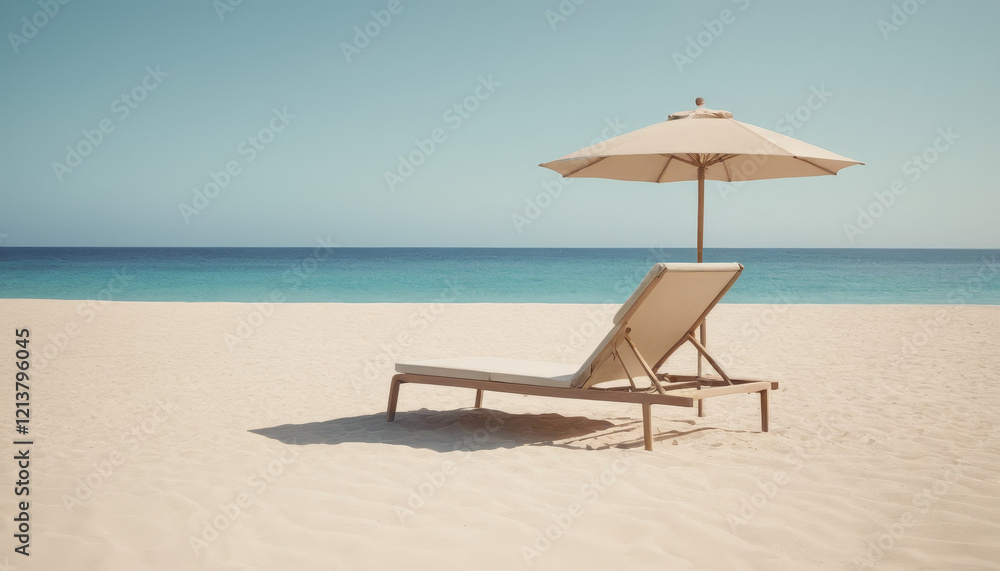 Wooden chaise lounge with white cushion on a sandy beach by turquoise waters