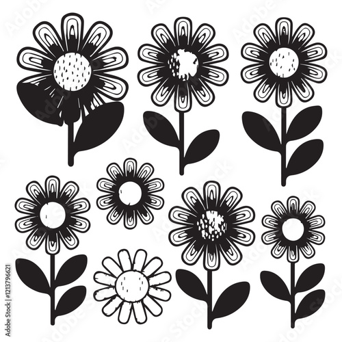 Groovy daisy flowers set. Flat black icons. Simple flower silhouette. Retro vintage style, hand drawn decorative elements