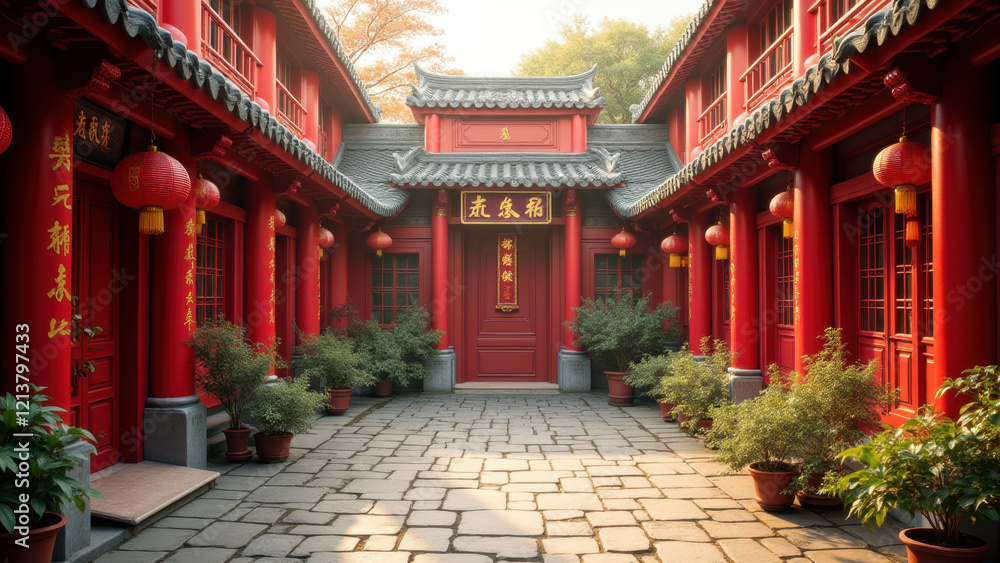 Red Chinese Courtyard Architecture Stock Photo - Asian Architecture