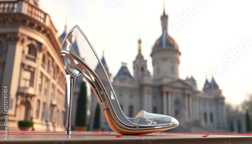 Silver high heel shoe is on a red carpet in front of a castle photo