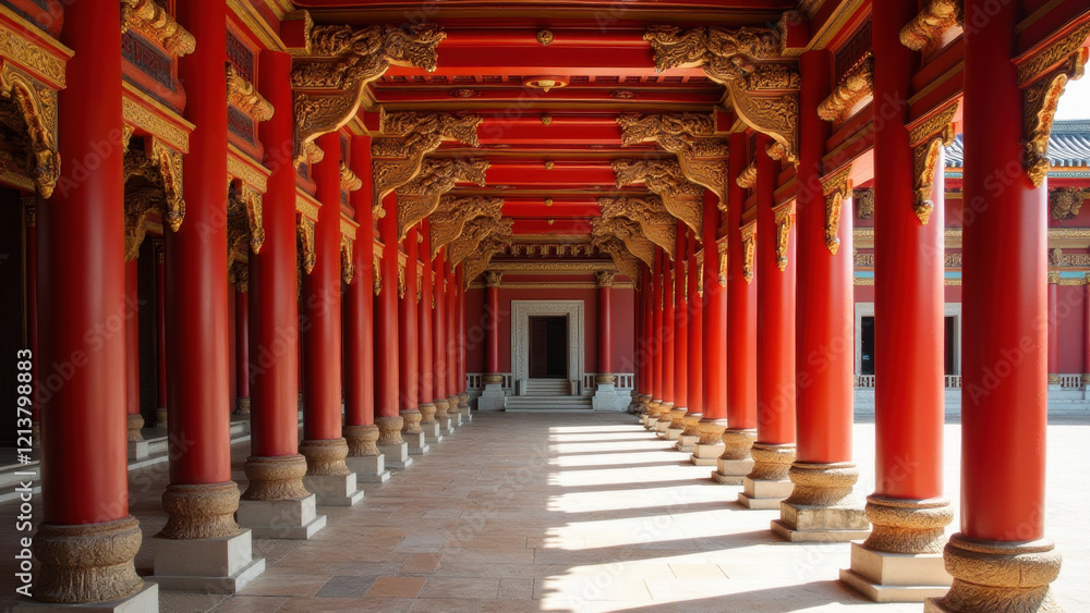Fototapeta premium Red Columns Palace Corridor Asian Architecture - Architectural Deta.