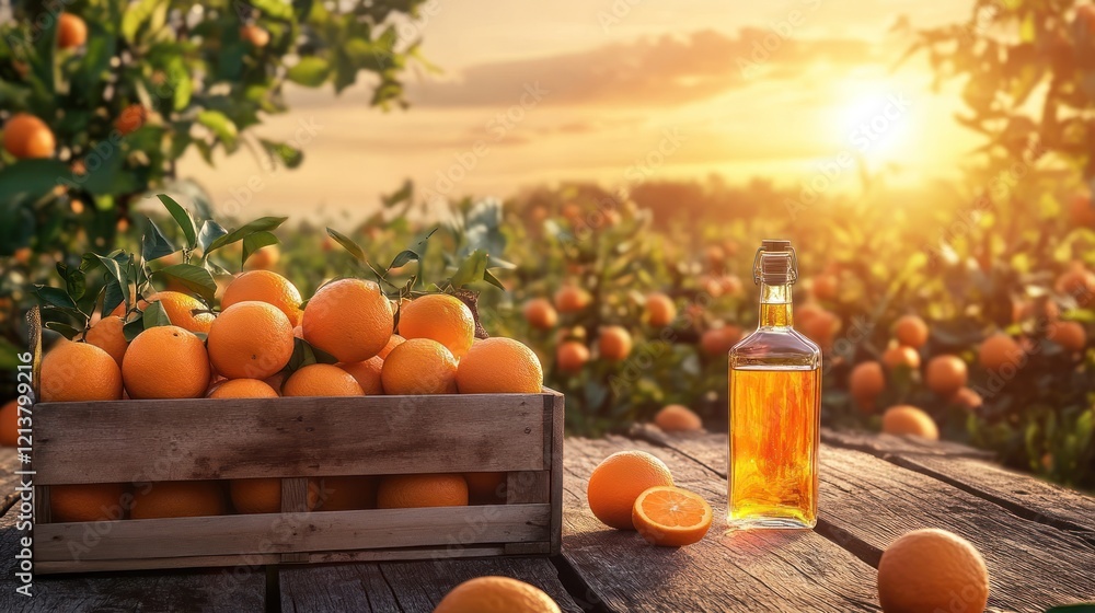 Sunset orange grove with fresh oranges and bottle of liqueur. Sunset orange grove with fresh oranges and bottle of liqueur.