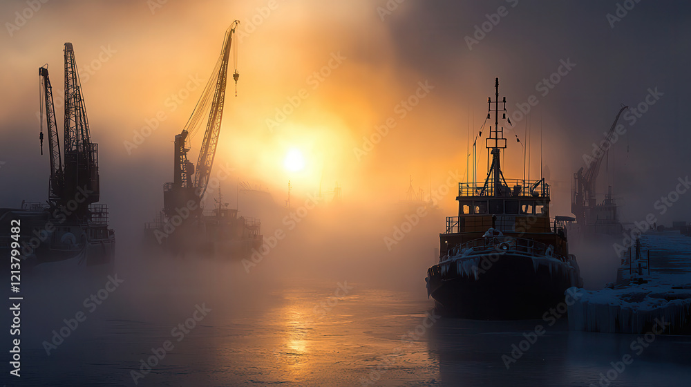Fototapeta premium surreal image of frozen harbor with ships trapped in ice, illuminated by dramatic golden sunrise and surrounded by misty cranes