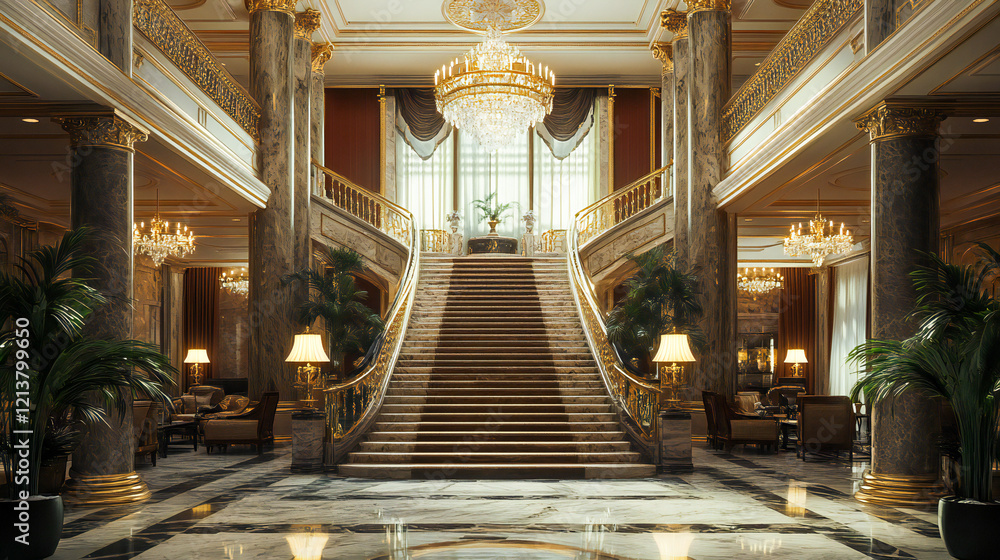 Obraz premium Luxurious hotel lobby with a grand staircase, marble floors, and a stunning chandelier