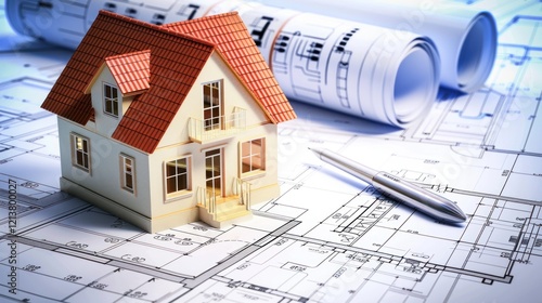 House model on blueprints, design, office, planning, construction