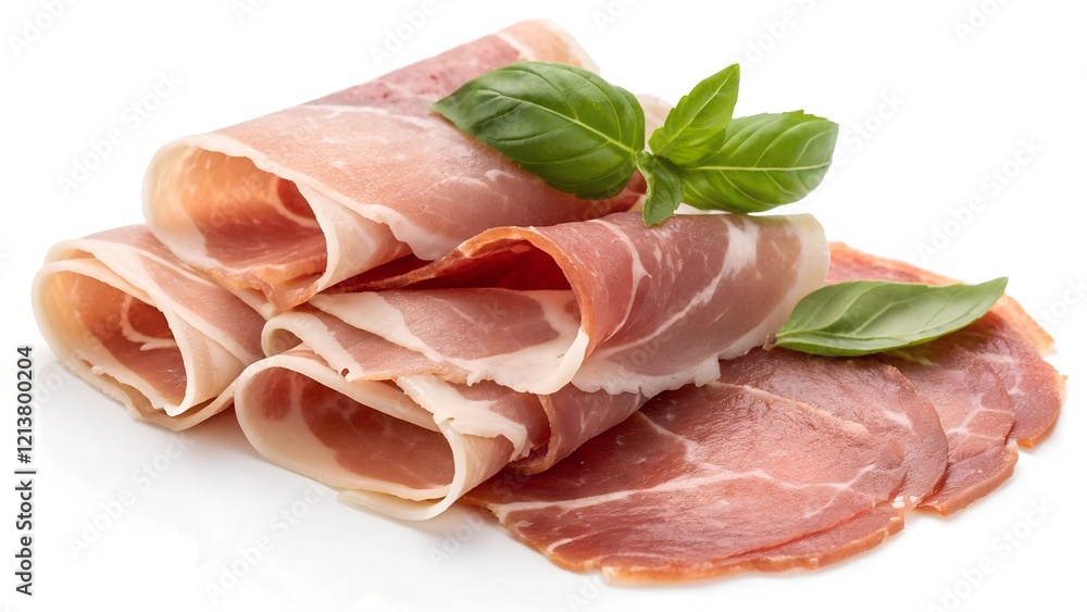 Italian prosciutto crudo. Jerked ham, isolated on white background.
Italian prosciutto crudo. Jerked ham, isolated on white background.