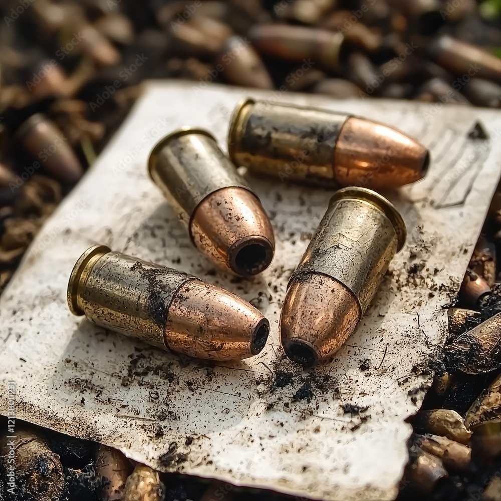 Six handgun bullets scattered naturally on a piece of printed paper, partially covered in dirt and mud. The composition focuses on the bullets. Six handgun bullets scattered naturally on a piece of printed paper, partially covered in dirt and mud. The composition focuses on the bullets.