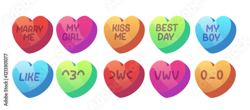 Heart shape love conversation candies set isolated on white. Vector cartoon illustration of Valentine Day color sweets with romantic messages and smileys, collection of confectionery treats for flirt