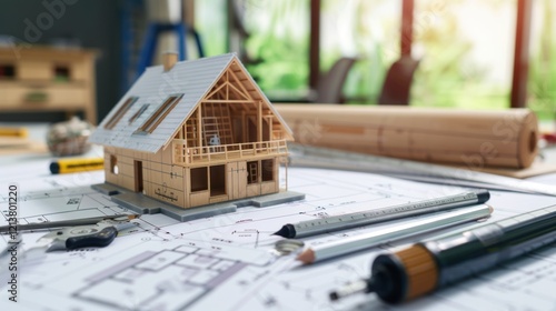 Home construction model, blueprint, office, planning photo