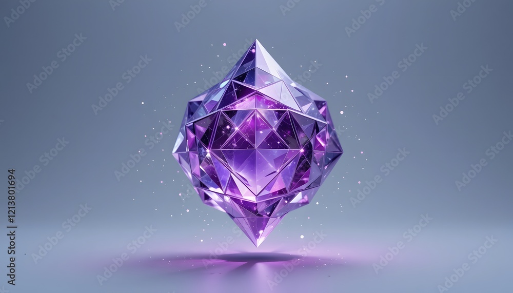 A floating geometric crystal composed of interlocking triangles, glowing in gradients of purple and silver, The crystal rotates slowly, scattering tiny light fragments into the air. A floating geometric crystal composed of interlocking triangles, glowing in gradients of purple and silver, The crystal rotates slowly, scattering tiny light fragments into the air.