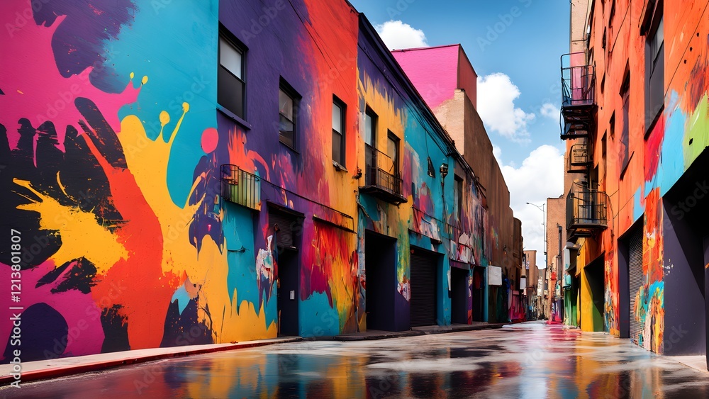 Fototapeta premium Vibrant street art splashes across a colorful urban alleyway, its reflection shimmering on a wet pavement under a bright blue sky.
