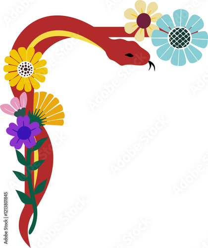 An artistic floral corner frame featuring a red snake intertwined with colorful flowers, suitable for Year of the Snake celebrations. Perfect for invitations, greeting cards, decorative borders.
