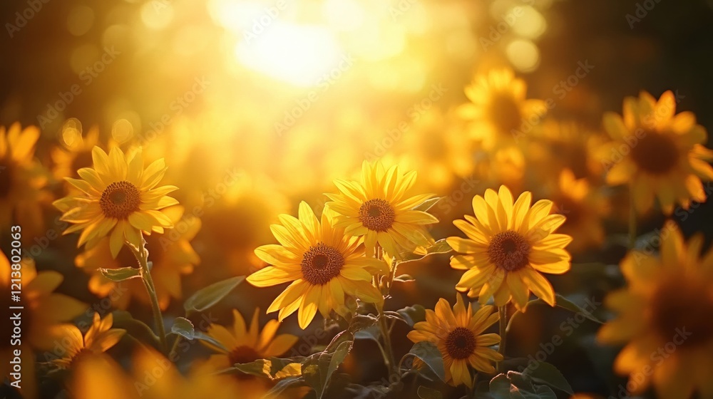 Fototapeta premium Golden sunflowers bloom in a field bathed in the warm glow of a bright sunset light