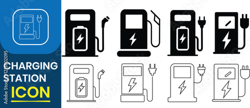 Charging station icon vector collection. Petrol pump, Car Charging, battery, energy, electricity, wireless charging. Technology concept Vector illustration.