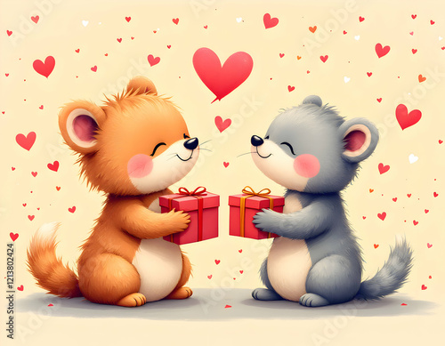 Adorable Valentine's Day Illustration: Two Cute Animals Exchanging Gifts