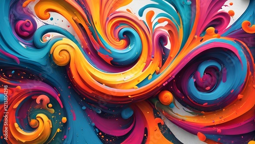 Abstract vibrant swirls of orange, teal, and pink paint create a dynamic and colorful background.