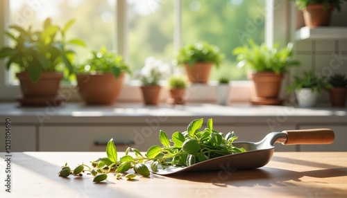 Freshly Harvested Oregano Herb on Metal Scoop on Table by Sunny Kitchen Window with Plants photo