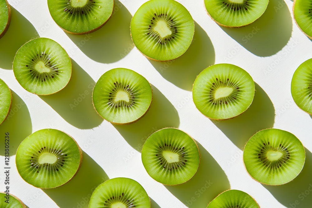 Fototapeta premium A group of sliced kiwi slices on a white surface