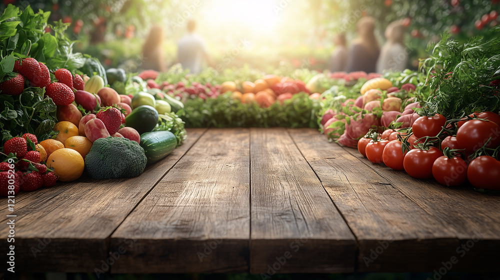 A display of fresh vegetables, including tomatoes, broccoli, and strawberries, on a rustic wooden table in a vibrant garden setting. A display of fresh vegetables, including tomatoes, broccoli, and strawberries, on a rustic wooden table in a vibrant garden setting.