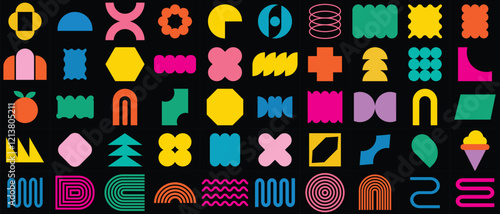 
Brutalist abstract geometric shapes and grids. Y2K Geometric design element shapes.Colorful groovy brutal figures. Modern Swiss design aesthetic.