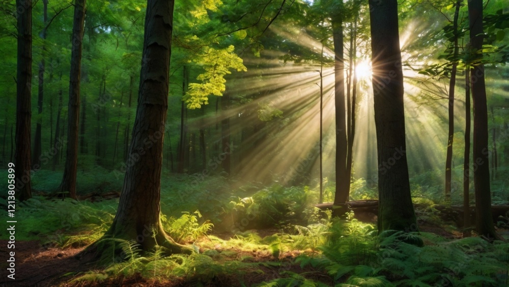 Beautiful rays of sunlight in a green forest. Sunlight streaming through trees in a lush green forest, creating magical rays in the misty air Beautiful rays of sunlight in a green forest. Sunlight streaming through trees in a lush green forest, creating magical rays in the misty air