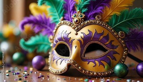Ornate and colorful Mardi Gras mask with purple, green, and gold details.