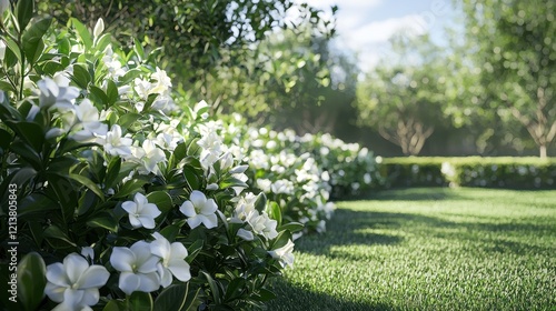 Fototapeta Naklejka Na Ścianę i Meble -  A lush green garden with white flowers and a path. Generative AI