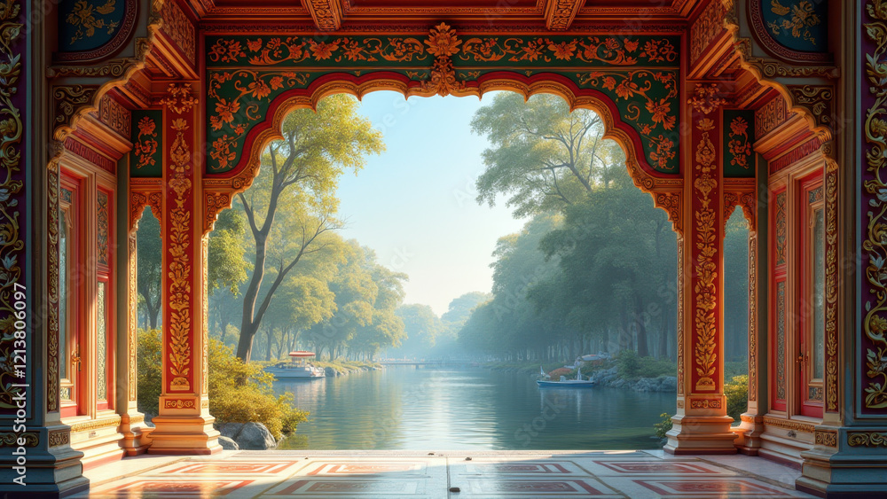 Obraz premium Serene Pavilion & Canal View - Tranquil nature scenes