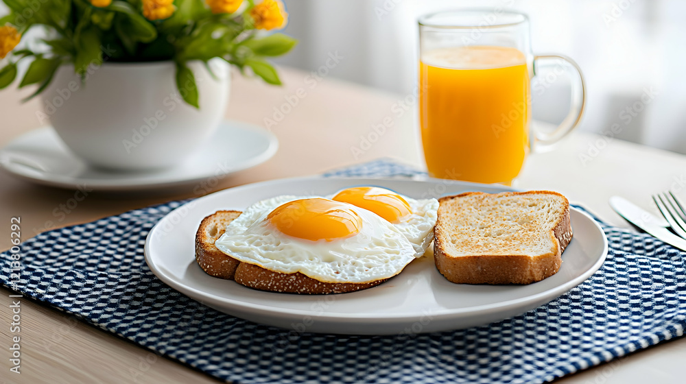 A Simple and Delicious Breakfast of Fried Eggs and Toast with Orange Juice A Simple and Delicious Breakfast of Fried Eggs and Toast with Orange Juice