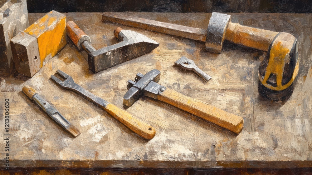 Still Life of Assorted Hand Tools on a Weathered Workbench Still Life of Assorted Hand Tools on a Weathered Workbench
