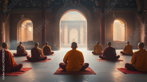 A group of monks meditating in a monastery, Parinirvana day photo