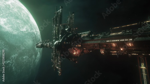 Fototapeta Naklejka Na Ścianę i Meble -  Space station orbiting alien planet, deep space exploration