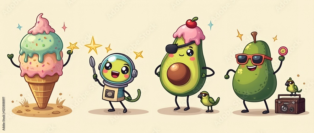 Obraz premium Cartoon Sticker Cheerful Alien Happy, Ice Cream Cone, Pirate Cat, Dancing Avocado 