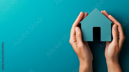 Hands holding a teal house silhouette against a solid turquoise background, symbolizing home ownership